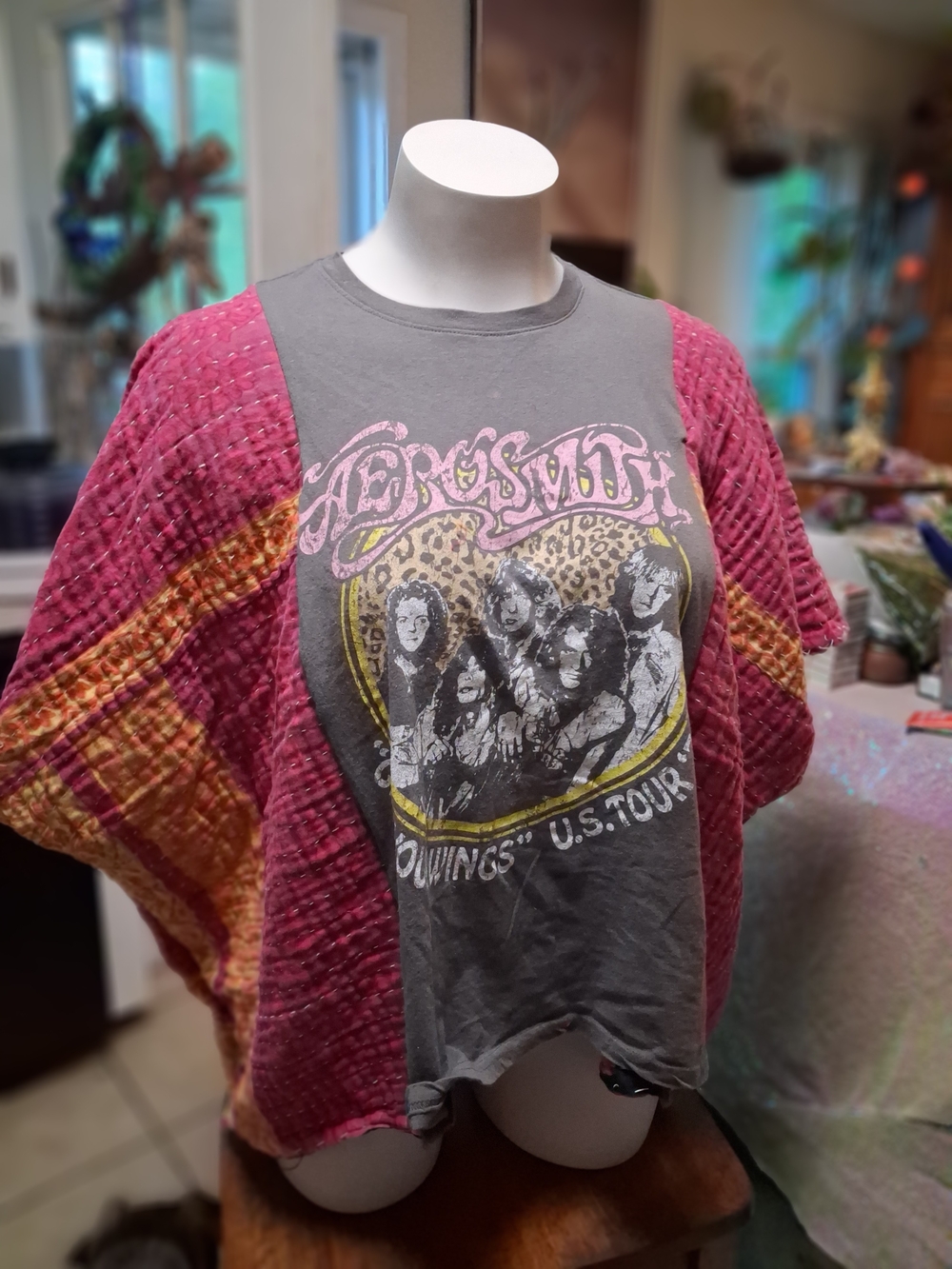 OOAK Upcycled Aerosmith Band Poncho With Kantha Sleeves (0-6x) - Picture 2 of 2